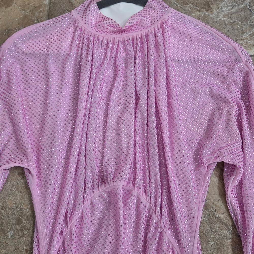 Self-Portrait Pink Rhinestone Mesh Mini Dress Feather Cuffs US 2 UK 6 - Picture 6 of 9